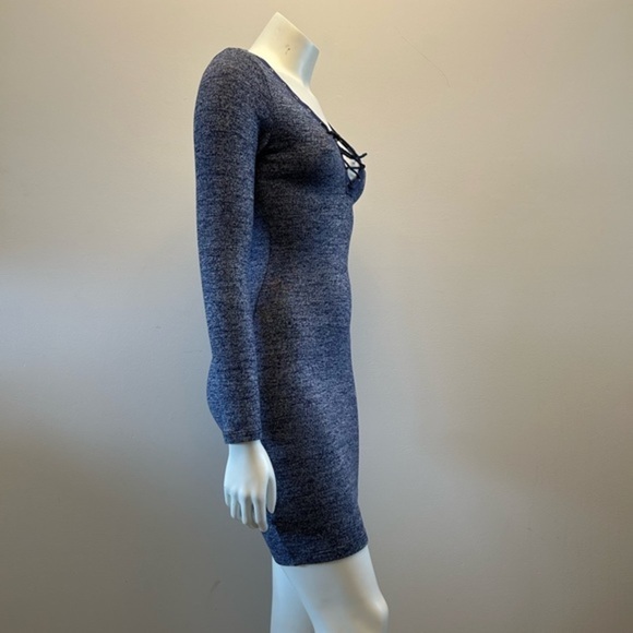 POOF! sexy form fitting long sleeve flattering dress. Heather blue. Lace up top - Picture 6 of 11